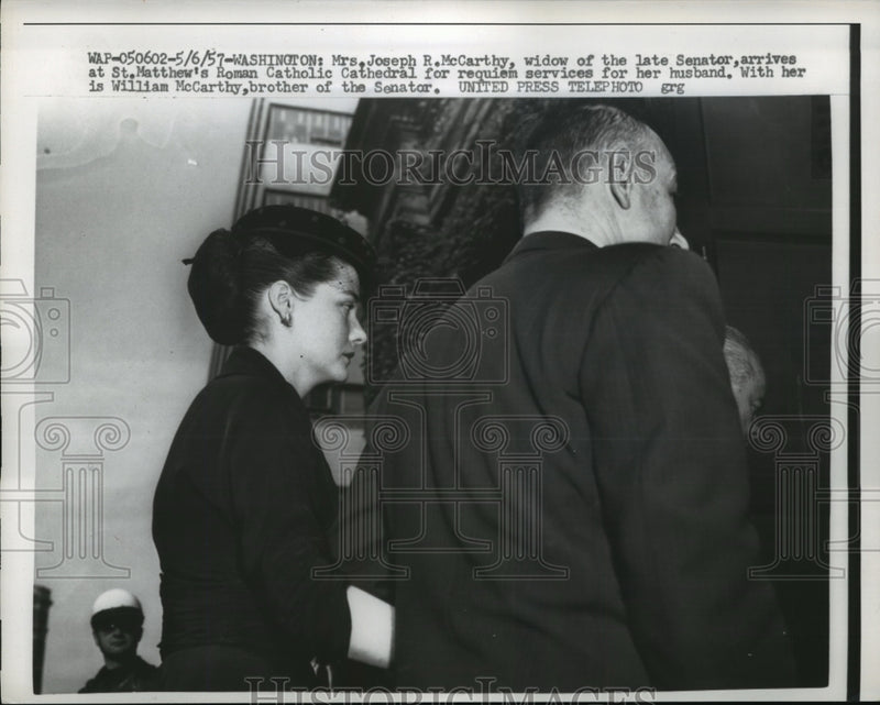 Load image into Gallery viewer, 1957 Press Photo Mrs Joseph McCarthy Arrives at St. Matthews for Requiem Service
