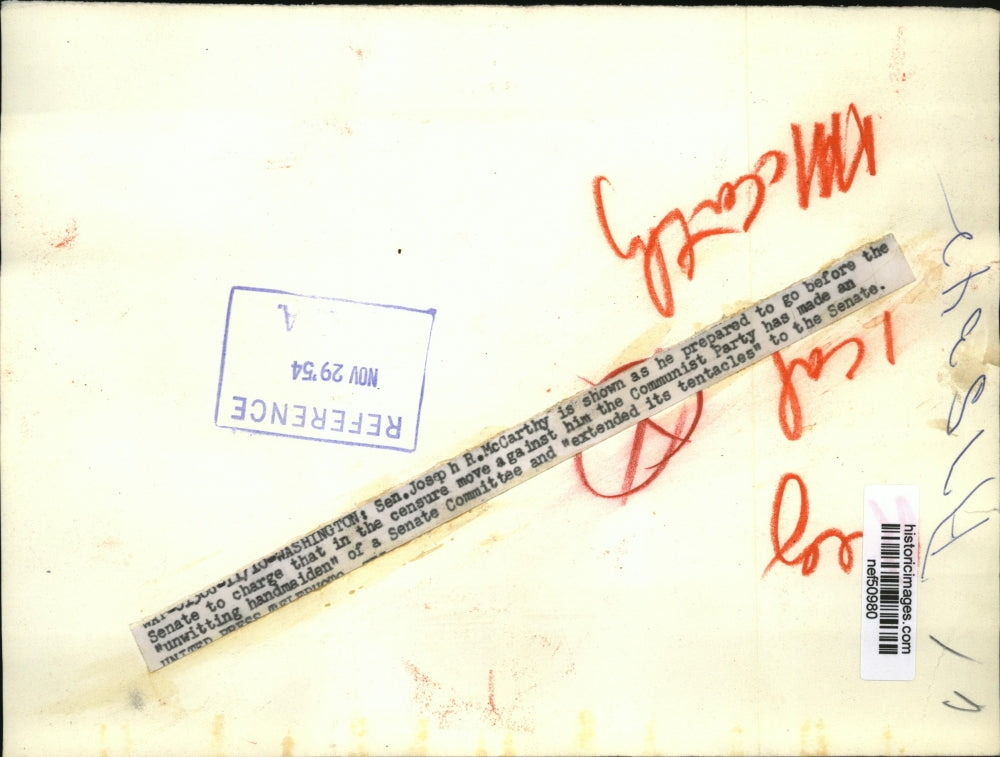 1954 Press Photo Senator Joseph McCarthy Before Testifying on Senate Censure