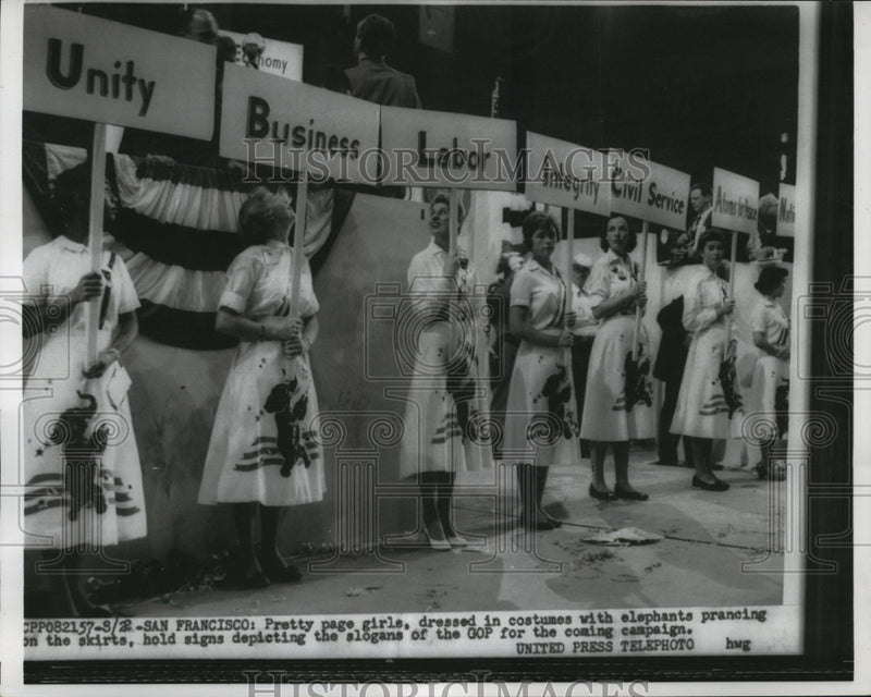 Load image into Gallery viewer, 1956 Press Photo Page Girls Holding Slogan Signs at GOP Convention San Francisco
