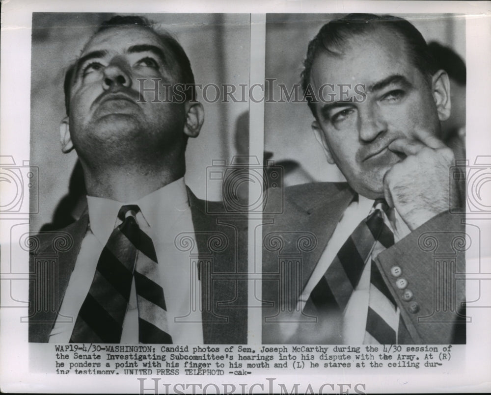 1954 Press Photo Senator Joseph McCarthy at Senate Army Hearing - nef51061