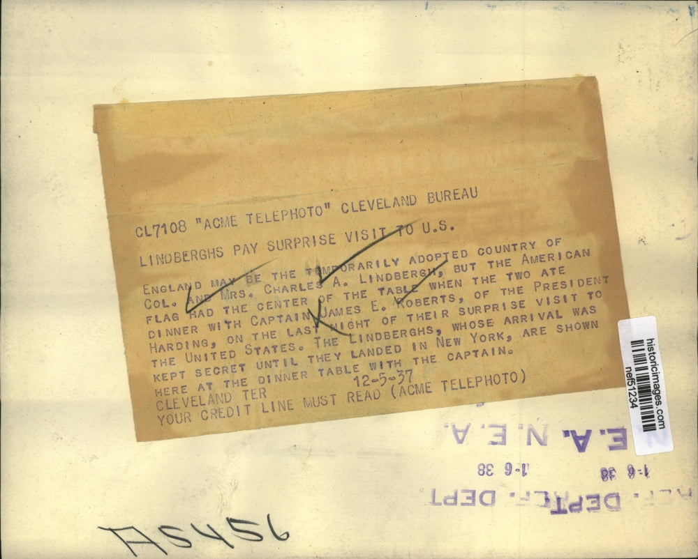 1937 Press Photo Colonel Charles Lindbergh and Wife Visit US w/ James Roberts