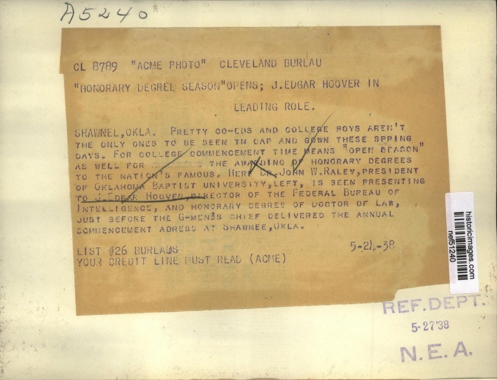 1938 Press Photo Dr John Ralley Presents J Edgar Hoover with Honorary Law Degree