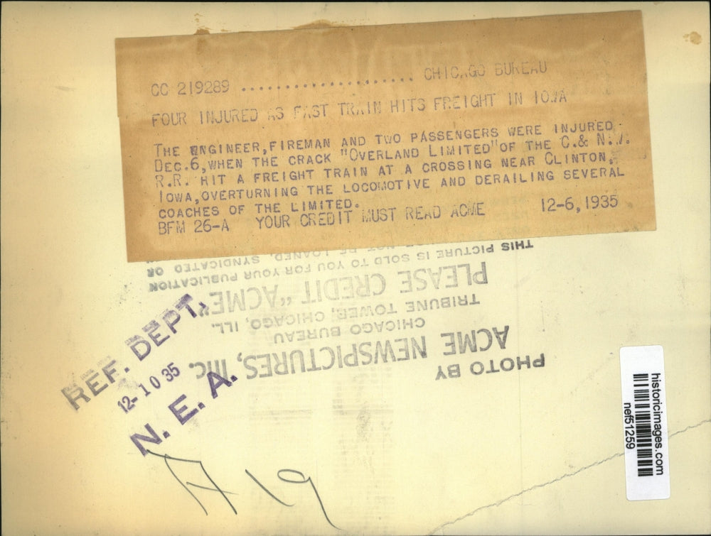 1935 Press Photo Overland Limited Hits Freight Train in Clinton, Iowa