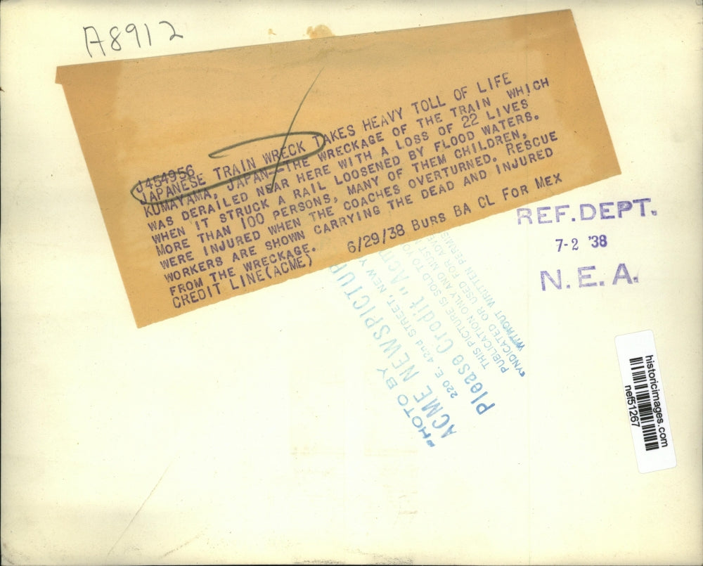 1938 Press Photo Kumayama, Japan Train Wreck Kills 22 - nef51267