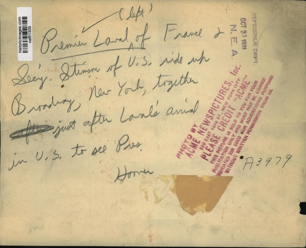 1931 Press Photo Premier Lord of France, Secretary Stimson ride up Broadway, NY