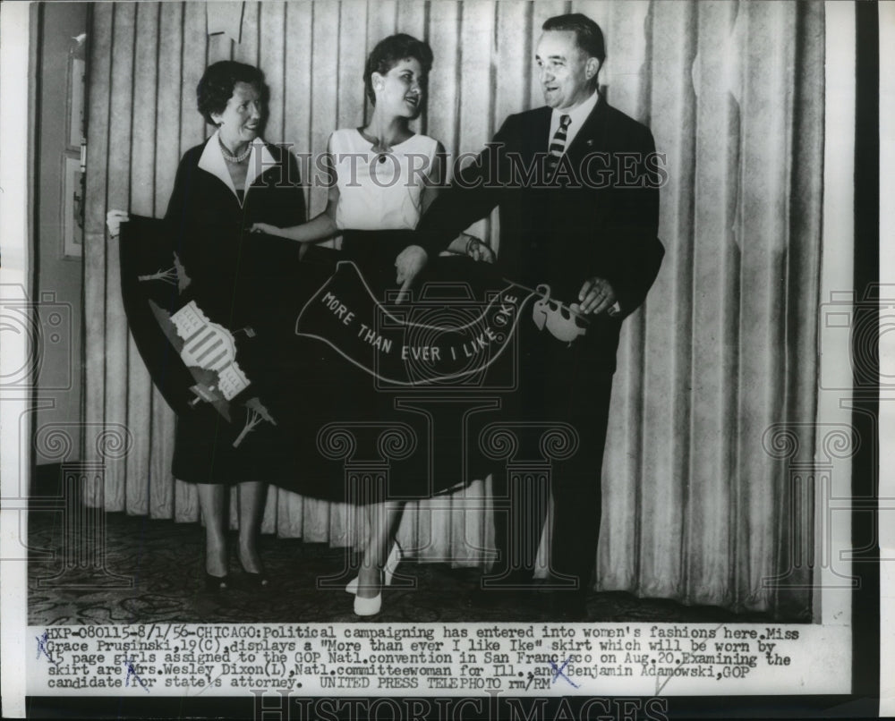 1956 Press Photo Grace Prusinski Models Dwight Eisenhower Support Clothes