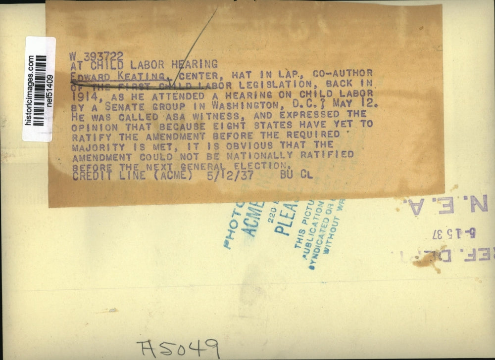 1937 Press Photo Edward Keating Attends Hearing on Child Labor by a Senate Group