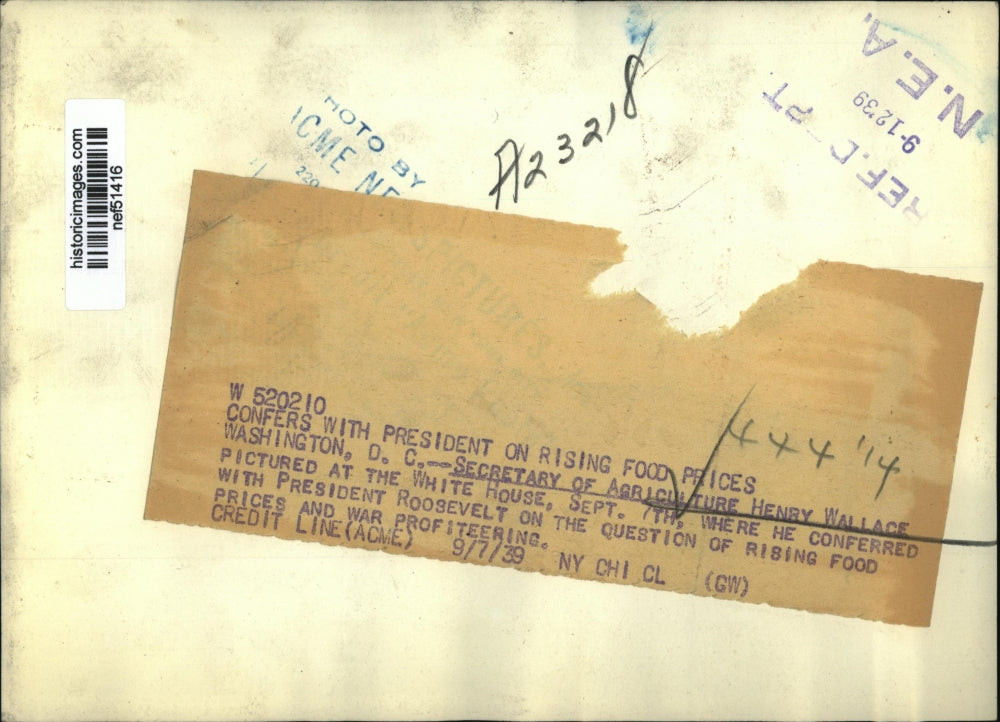 1939 Pres Photo Secretary of Agri Henry Wallace Pictured at the White House