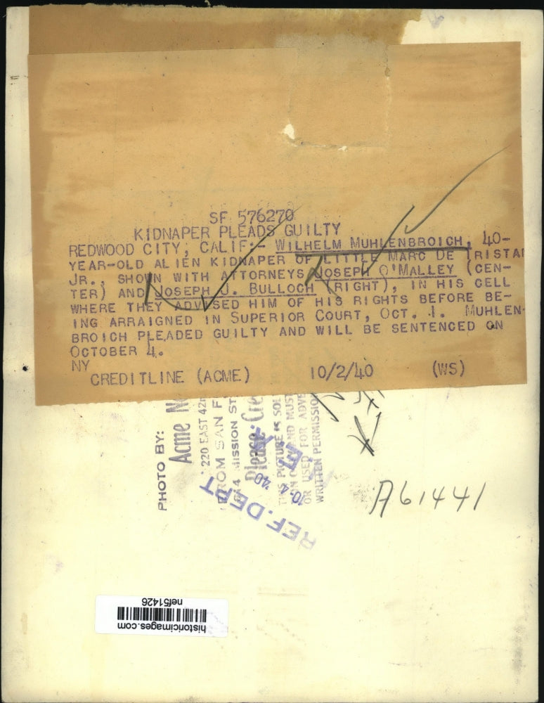1940 Press Photo Wilhelm Muhlenbroich Kidnapper of Marc De Tristan Jr