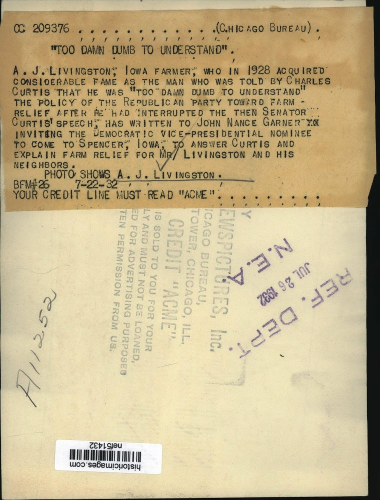 Load image into Gallery viewer, 1932 Press Photo Farmer A J Livingstone Told He Was Too Damn Dumb to Understand
