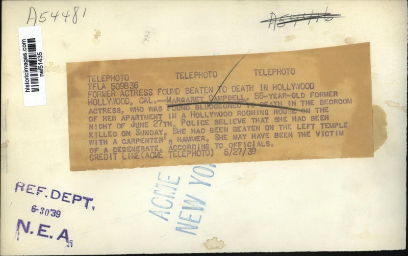 Load image into Gallery viewer, 1939 Press Photo Margaret Campbell Found Bludgeoned to Death in Her Apartment
