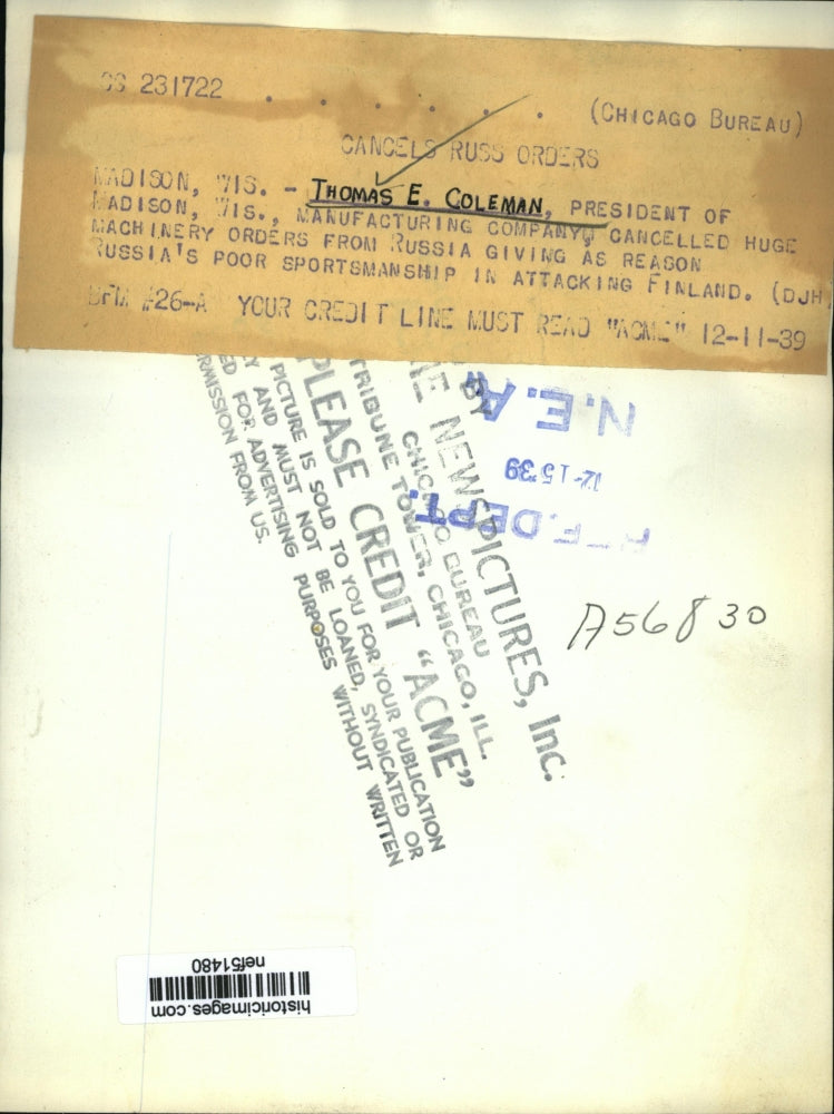 Load image into Gallery viewer, 1939 Press Photo Thomas E Coleman Cancelled Machinery Orders From Russia
