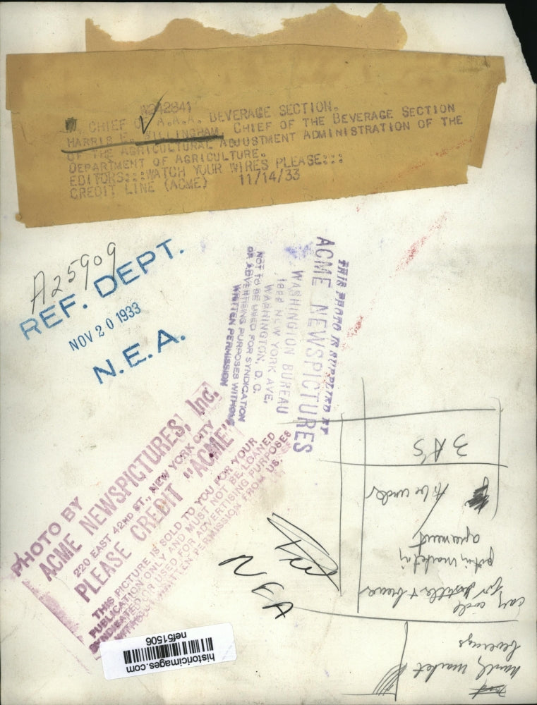 1933 Press Photo Harris E. Willingham, Chief of A.A.A. Beverage Section