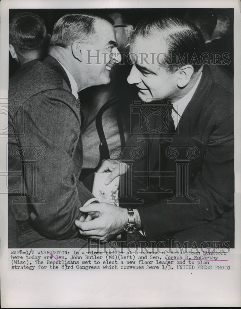 1953 Press Photo John Butler, Joseph R. McCarthy in a close huddle at a caucus
