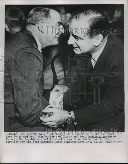 1953 Press Photo John Butler, Joseph R. McCarthy in a close huddle at a caucus