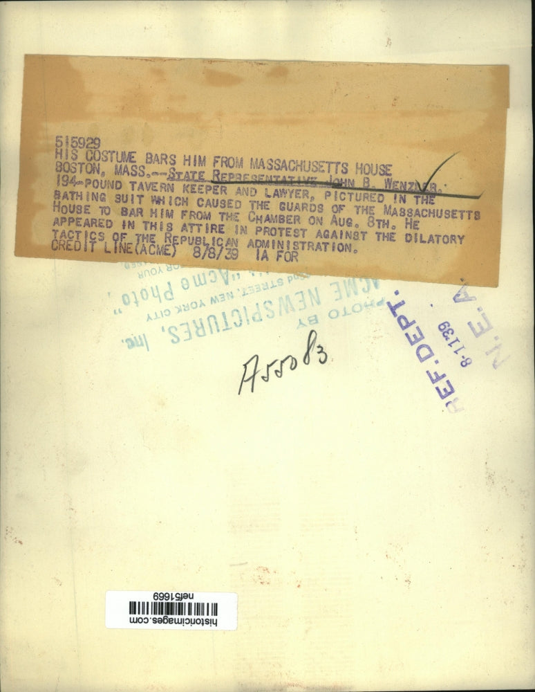 1939 Press Photo John Wenzlar Barred from MA House Chamber from Bathing Suit