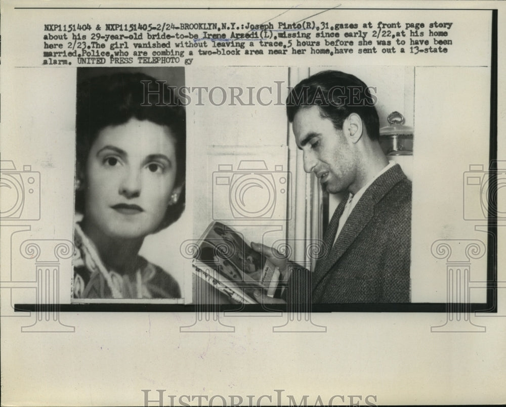 1958 Press Photo Joseph Pinto and Bride Irene Arzedi was missing at his home