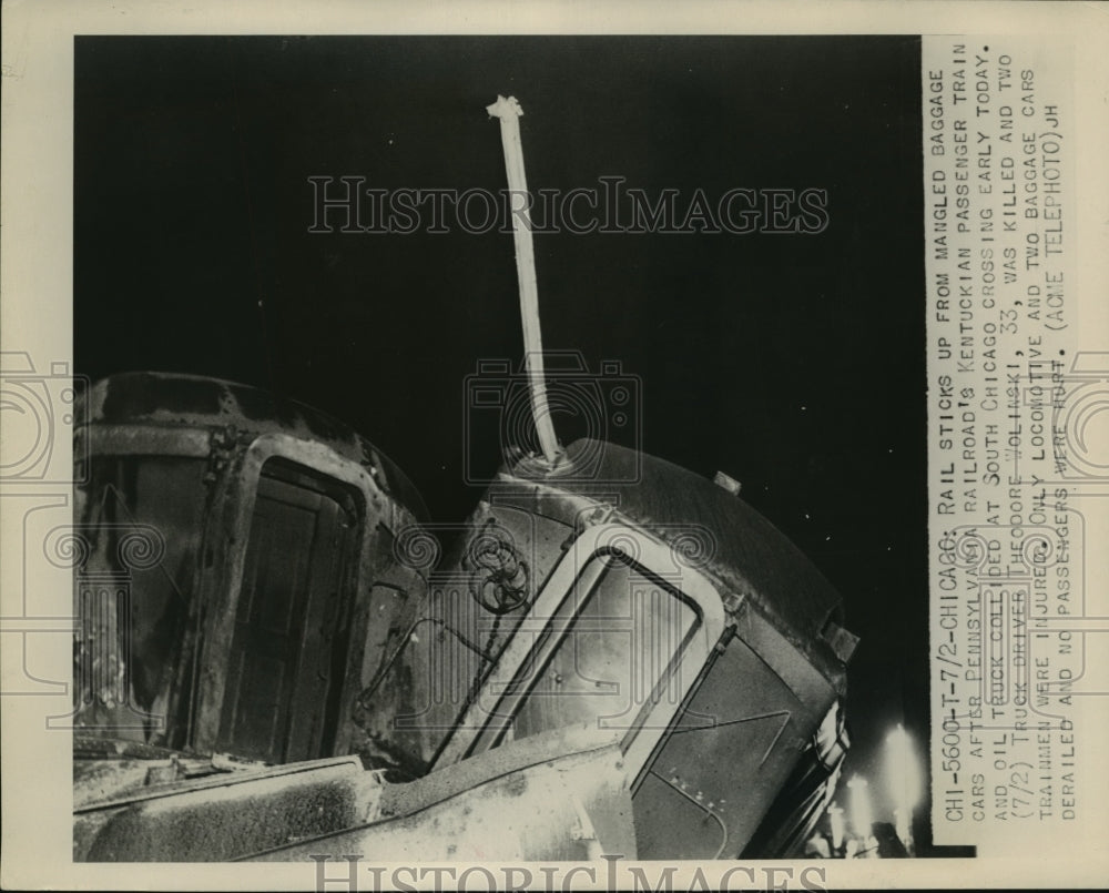 1949 Press Photo Penn Railroad's Kentuckian Passenger Train & Oil Truck Collide