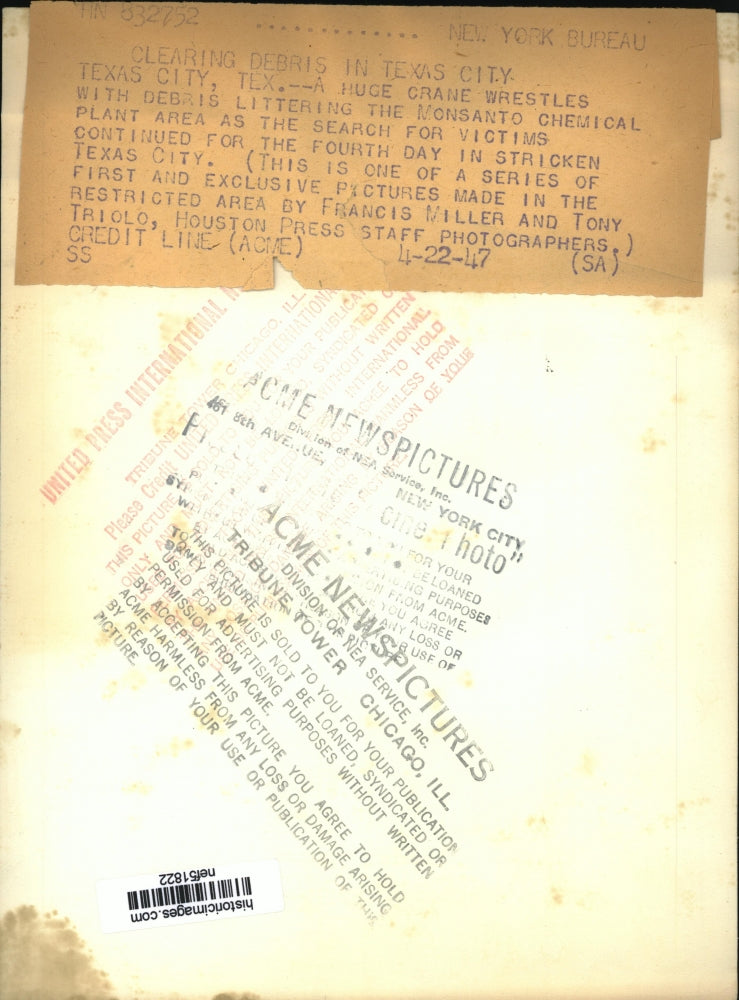 1947 Press Photo Crane with debris littering the Monsanto Chemical Plants