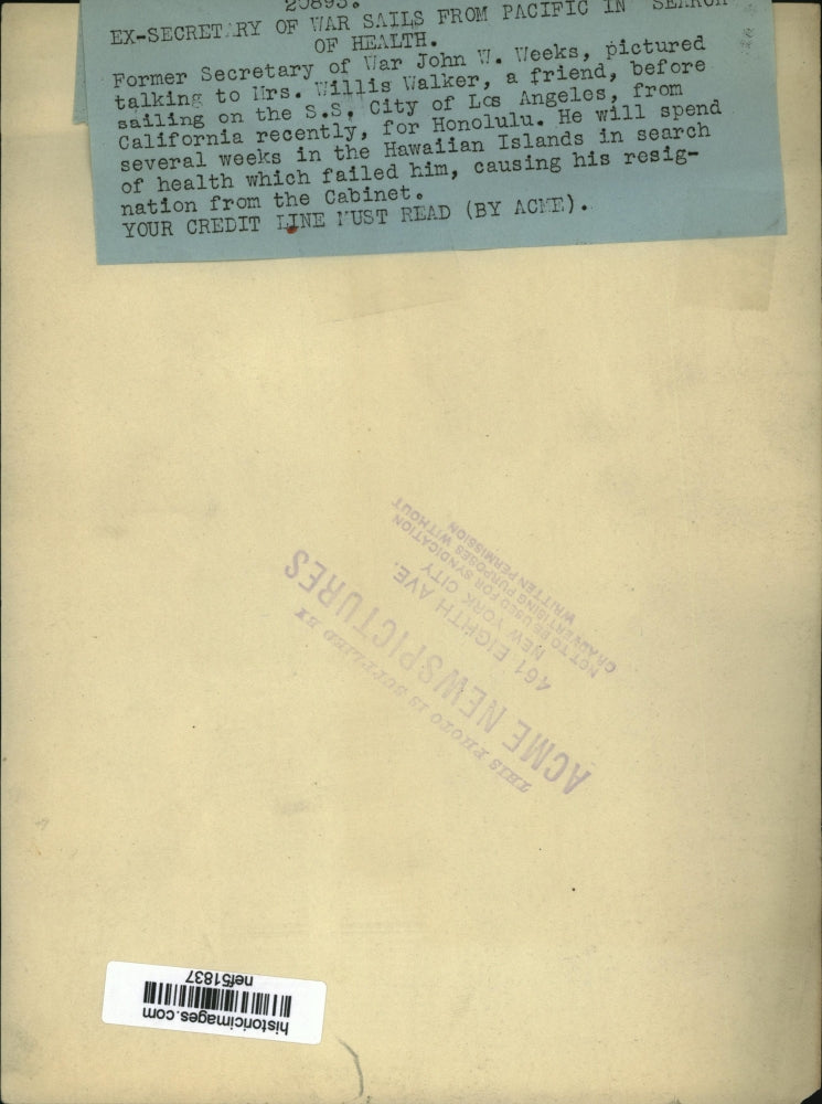 Undated Press Photo John W. Weeks, Sec of War adn wife sailed form Pacific