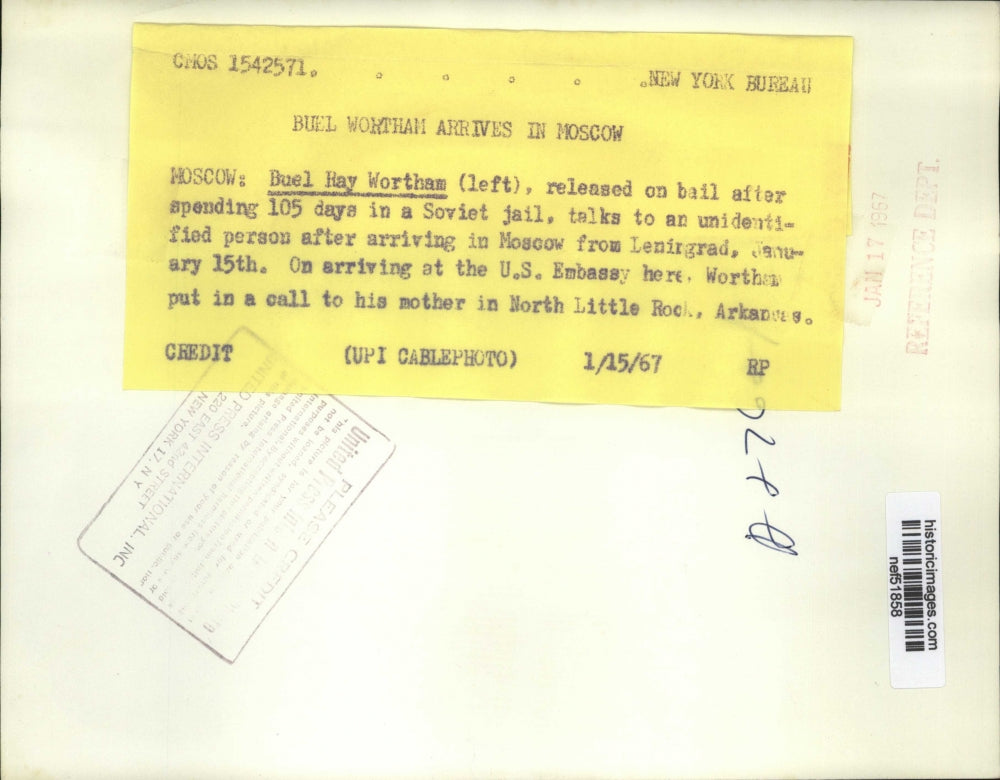 1967 Press Photo Buel Ray Wortham released on bail after 105 day in Soviet Jail