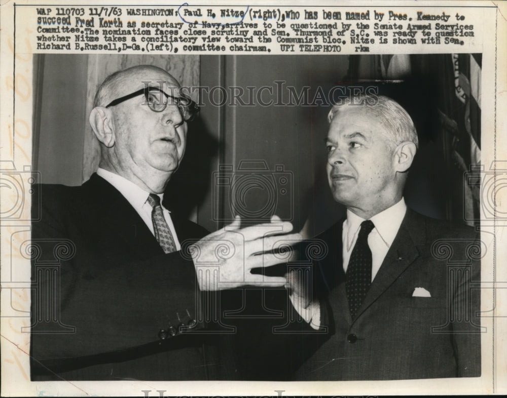 1963 Press Photo Paul H. Nitze Sec. of Navy and Sen. Richard B Russell of Ga.