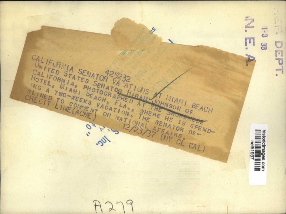 1937 Press Photo Sen Hiram Johnson Spending Two Weeks Vacation in Miami Beach FL