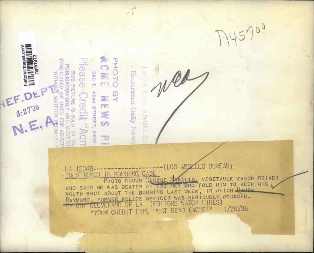 1938 Press Photo George Sakalis Vegetable Wagon Driver Beaten by Two Men