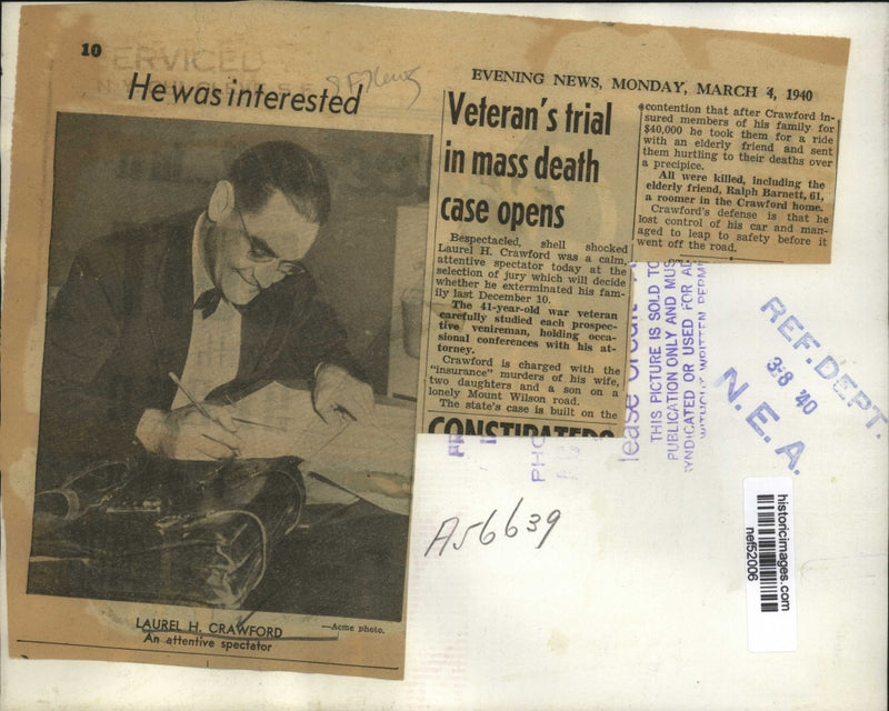 Load image into Gallery viewer, 1940 Press Photo Veteran's Trial in Mass Death Case Opens - nef52006
