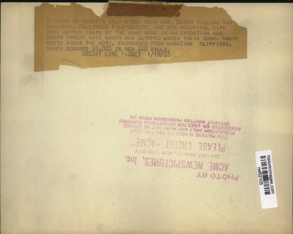 1933 Press Photo Baron William Von Brincken and wife received death treats