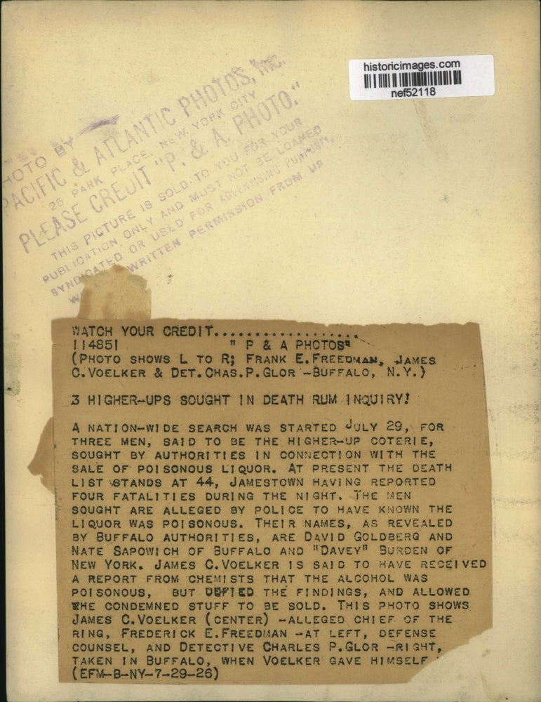 1926 Press Photo James C. Voelker, Arrested in Poisonous Liqour Ring, New York