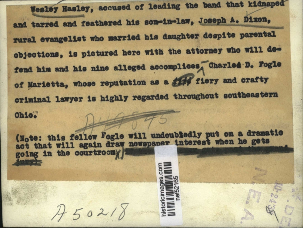 1938 Press Photo Kidnapping Suspect Wesley Hasley, Attorney Charles D. Fogle