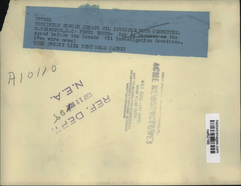 1928 Press Photo Roy J. Barnett at Senate Oil Investigation Committee Hearing