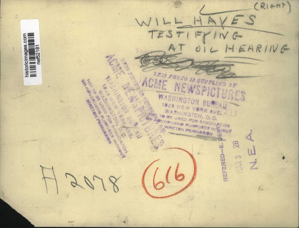 1928 Press Photo Will Hayes Testifying at Oil Hearing - nef52181