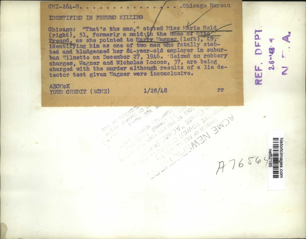 1948 Press Photo Marie Held Identifying Harry Wagner in Otto Freund Murder