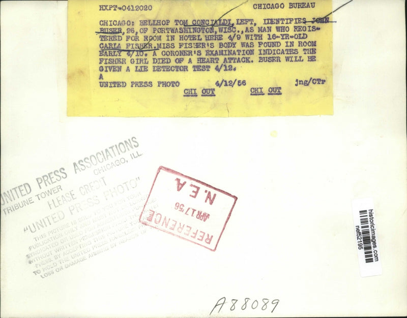 Load image into Gallery viewer, 1956 Press Photo Jon Buser Identified as Carla Fisher Murder Suspect, Chicago
