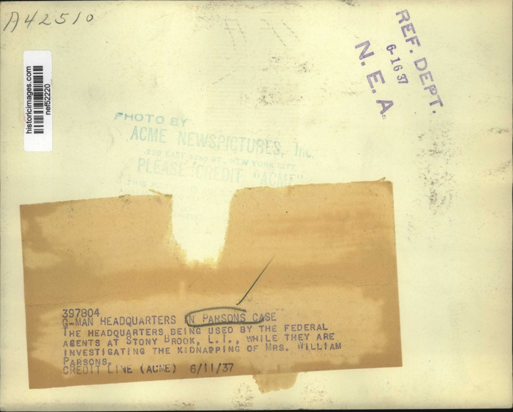 1937 Press Photo Police HQ in Mrs. William Parsons Kidnapping, Long Island