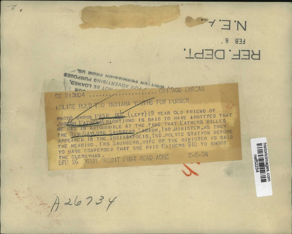 1934 Press Photo Masil Roe, Joseph Mathers of Gaylord Saunders Murder Indiana