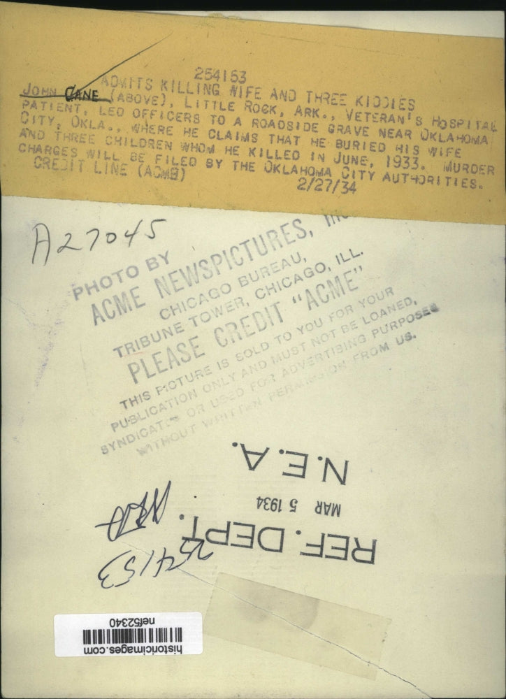 1934 Press Photo John Cane, Oklahoma City Murderer - nef52340