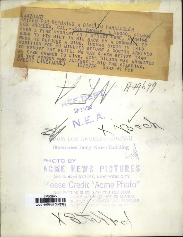 1938 Press Photo Sam Thomas, Stabbed in Back by Panhandler, Los Angeles