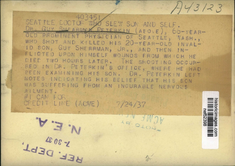 1937 Press Photo Dr. Guy sherrman Peterkin, Murdered Son & Killed Self, Seattle