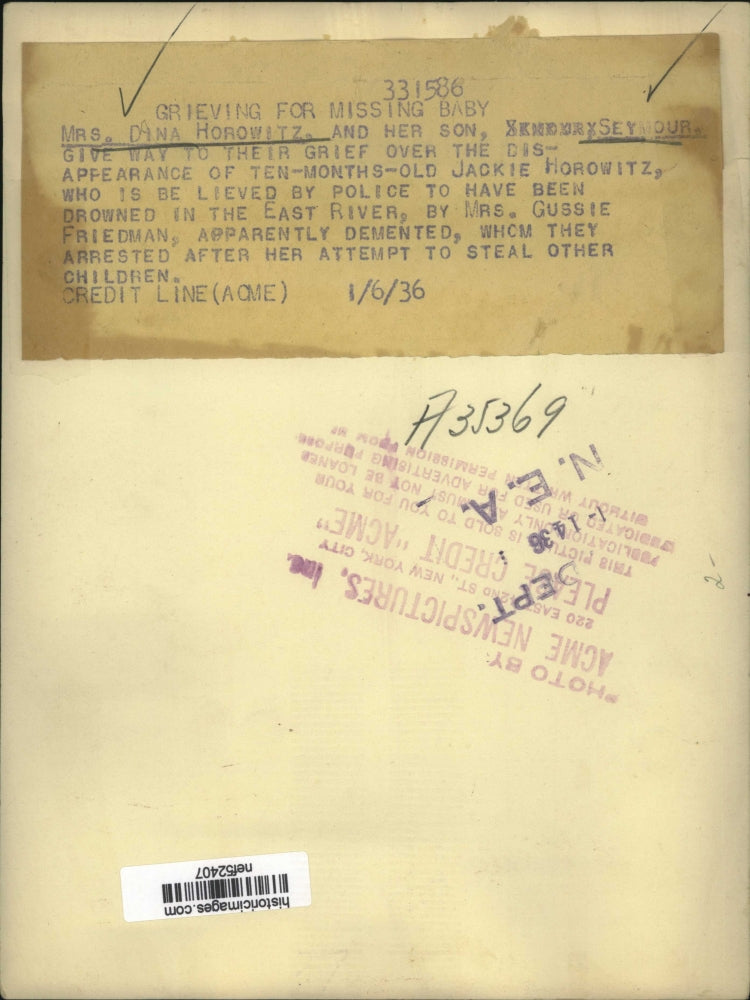 Load image into Gallery viewer, 1936 Press Photo Dina Horowitz &amp; Son Seymour, Family of Missing Baby Jackie
