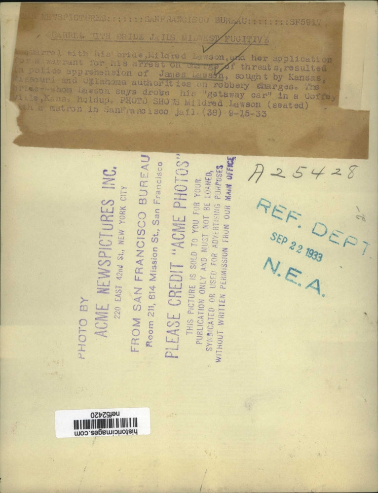 1933 Press Photo Mildred Lawson Aids in Husband James Lawson Arrest, Oklahoma