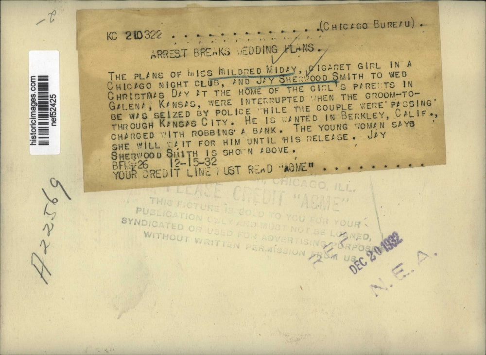 1932 Press Photo Jay Sherwood Smith Arrested for Berkley Robbery before Wedding