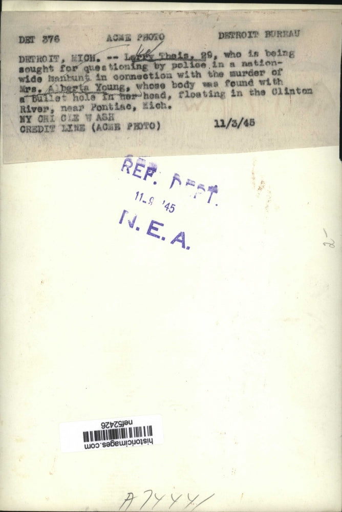 1945 Press Photo Larry Theis Wanted for Questioning in Murder of Alberta Young