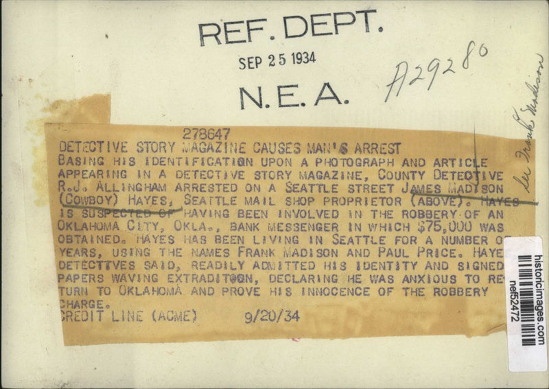 Load image into Gallery viewer, 1934 Press Photo James Madison Hayes Arrested as Suspect in Oklahoma Robbery
