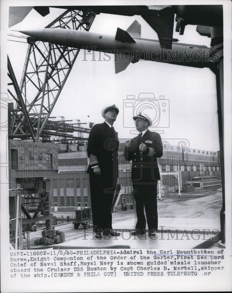 1955 Press Photo Earl Mountbatten being guided missile launcher aboard- Historic Images