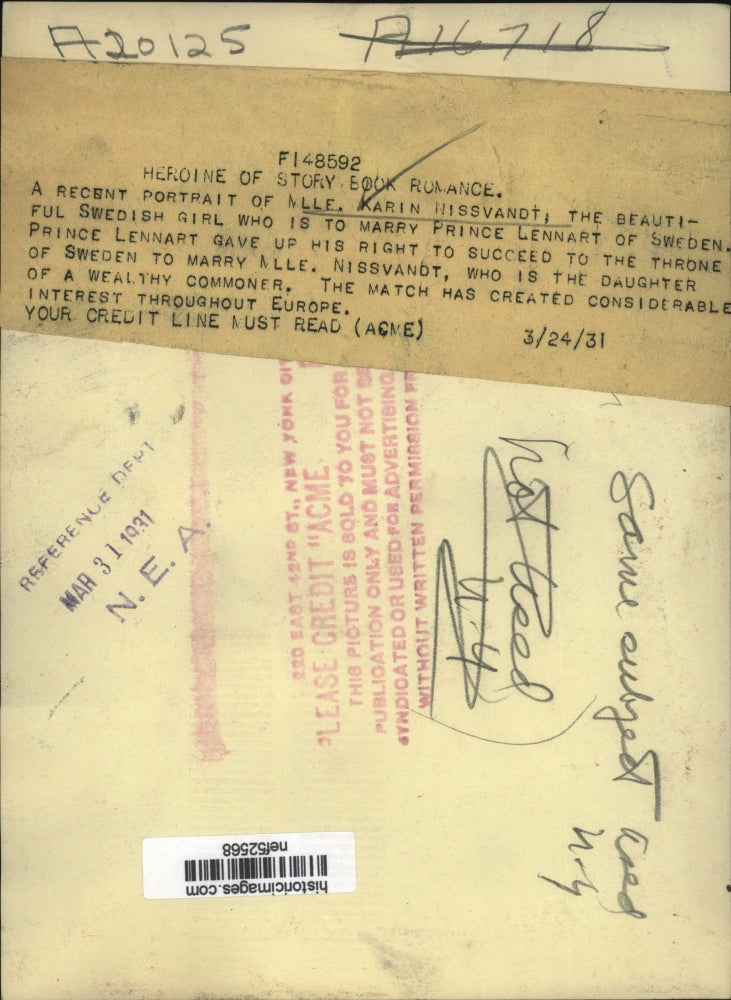 1931 Press Photo Karin Nissvandt to marry Prince Lennart of Sweden - nef52568