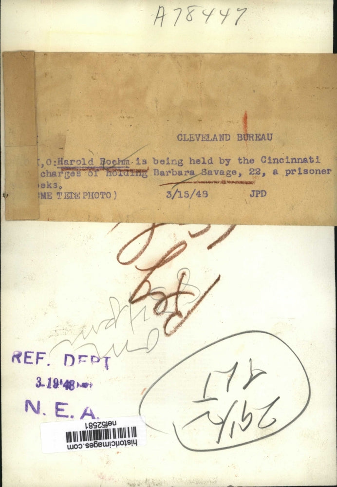 1949 Press Photo Harold Bochm Held on Charges of Holding Barbara Savage Prisoner