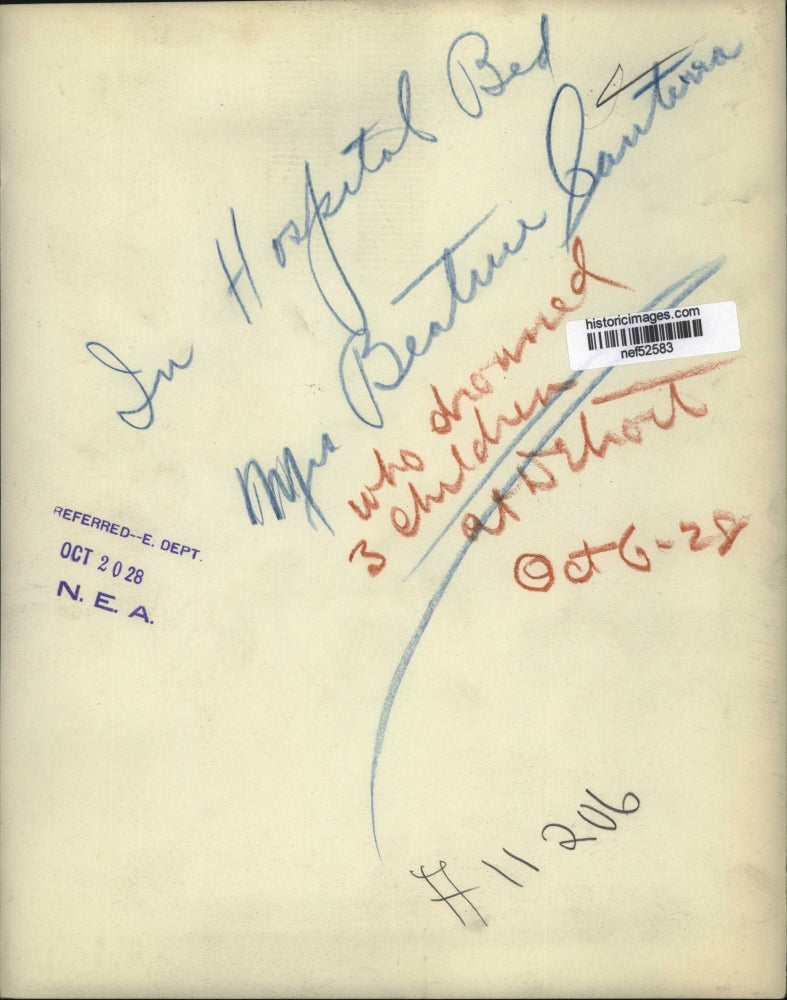 1928 Press Photo Mrs Beatrice Cantrue in Hospital Bed Drowned Three Children